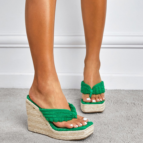 Plush Square Toe Flip Flop Platform Wedge Sandals