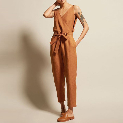 Solid Color Simple V-Neck Casual Jumpsuit