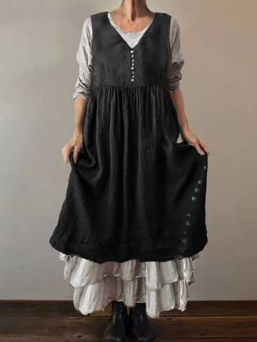 Vintage Button Up Pleated Pinafore Maxi Dress
