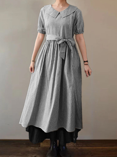 Vintage Check Tied Pleated Maxi Dress