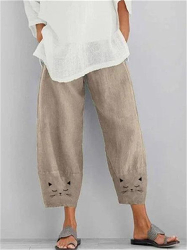 Lovely Cat Face Graphic Cropped Pants