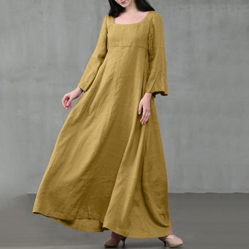 Vintage Round Neck Plain Long Sleeve Maxi Dress