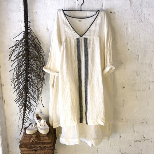 Cotton Linen V-Neck Panel Midi Dress