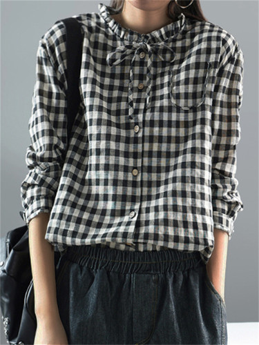 Vintage Check Ruffle Laced Collar Blouse