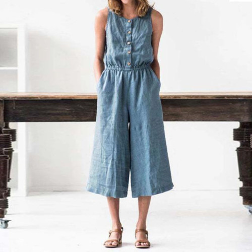 Casual Solid Button Sleeveless Loose Jumpsuit