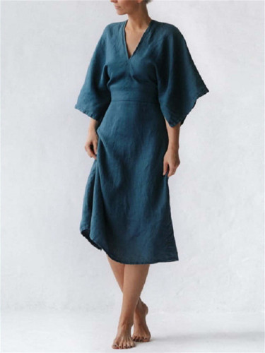 Solid Color V Neck Elegant Midi Dress