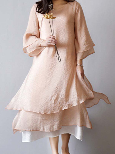 Casual Loose Round Neck Multi-layer Contrasting Color Midi Dress