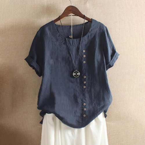 Round Neck Solid Color Buttons Short Sleeves T-shirt