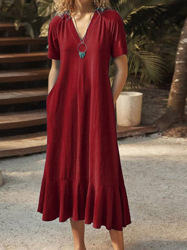 Solid Color Comfortable Casual V-Neck Short Sleeved Maxi Dress