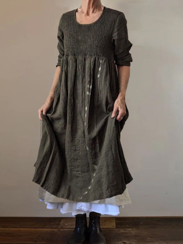 Vintage Smocking Pleated Maxi Dress