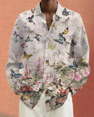 Men's Butterfly Floral Long Sleeve Casual Shirt