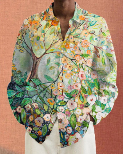 Men's Floral Oil Painting Long Sleeve Casual Shirt