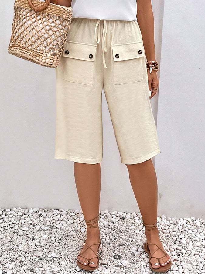 Solid Color Double Pocket Lace Loose Casual Cropped Pants