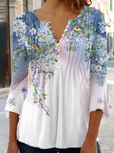 Blue And White Printed Flared Sleeve Shirt