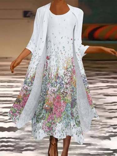 Women's Floral Print Half-Sleeve Dress Two-Piece Set