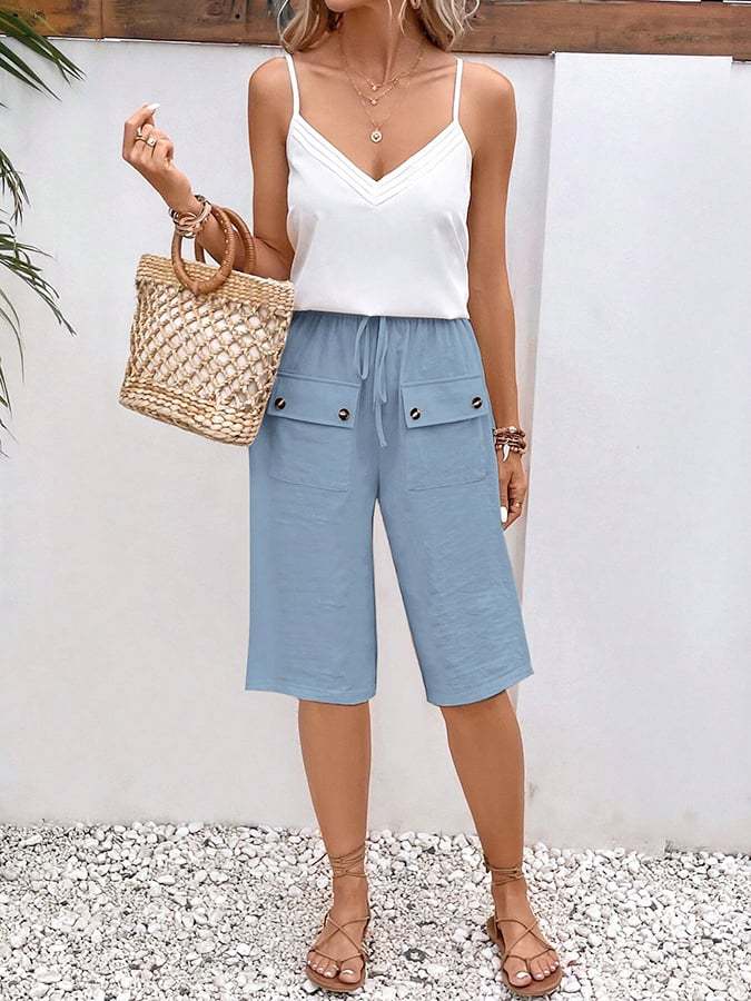 Solid Color Double Pocket Lace Loose Casual Cropped Pants