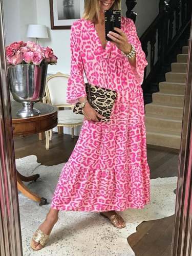 Ladies V Neck Loose Leopard Print Dress