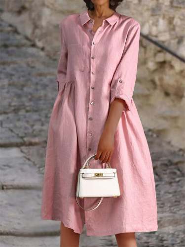 Cotton Linen Solid Color Lapel Button Pocket Dress