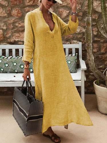 Women's Long Sleeve Solid Color V Neck Casual Dress