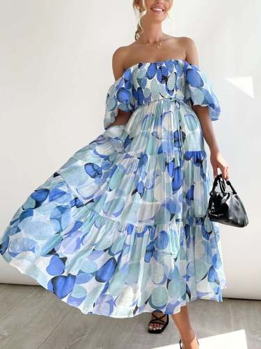 High Waist Off Shoulder Printed Bubble Sleeve Dress
