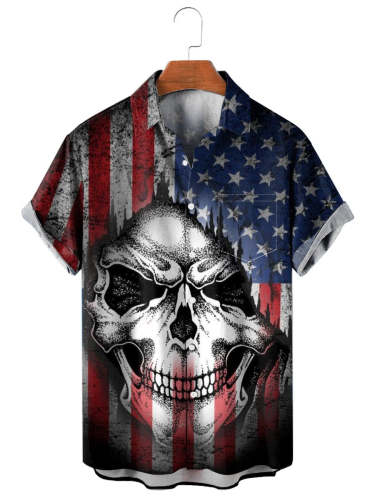 Men's Hawaiian Shirts Skull Flag Print Short Sleeve Shirt