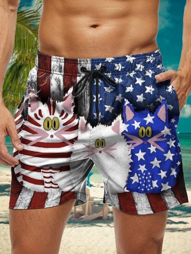 Men's Casual Shorts Happy Independence Day Cats Print Beach Shorts