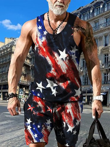 Men's Summer Outfit 2-Piece Set Happy Independence Day Pattern Tank Top Shirts and Shorts Gym Set