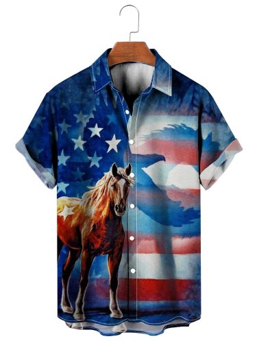 Independence Day Flag Print Short Sleeve Summer Hawaiian Shirt