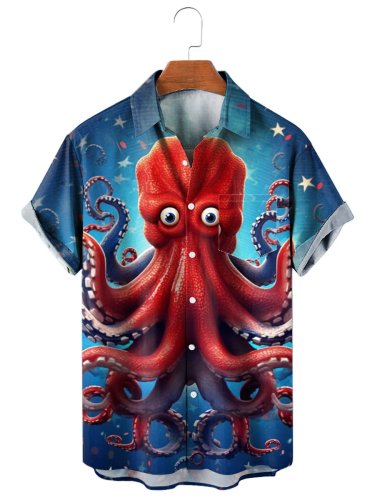 Men's Hawaiian Shirts Retro Happy Independence Day Octopus Chest Pocket Aloha Short-Sleeved Shirt