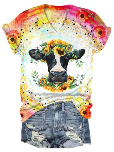 Women's V Neck Cow Sunflower Print T-Shirt