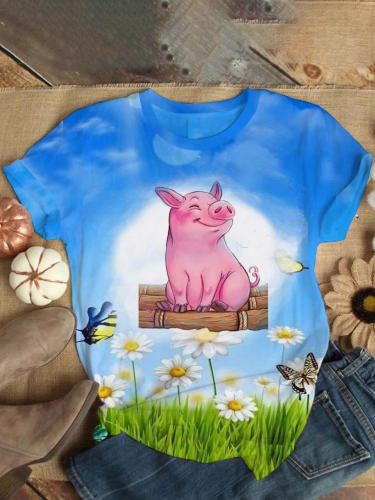 Flower Cute Pig Women Short Sleeve T-Shirt