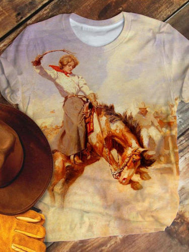 Vintage Cowgirl Print Round Neck Short Sleeve T-Shirt