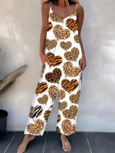 Women's Heart Leopard Print Suspenders Jumpsuits