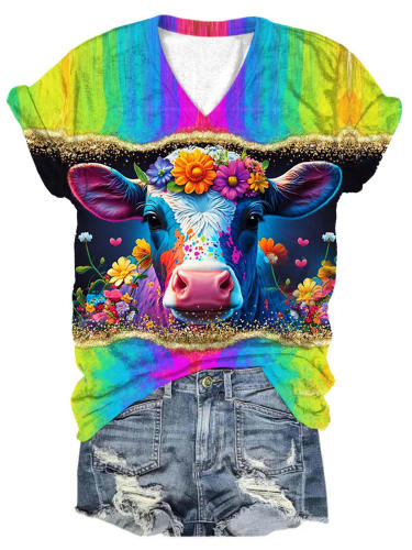 Women's Colorful Cow Print Top