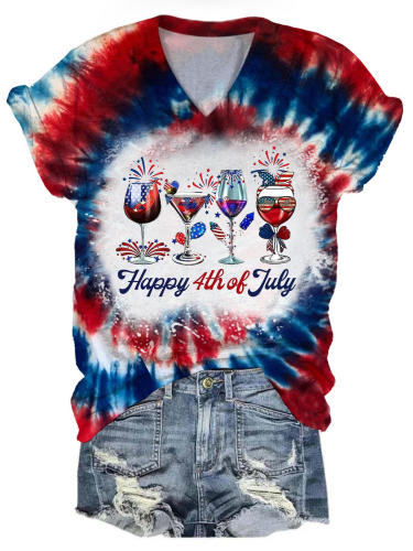 Women's Tie Dye Happy 4th of July Wine Glass Print Top