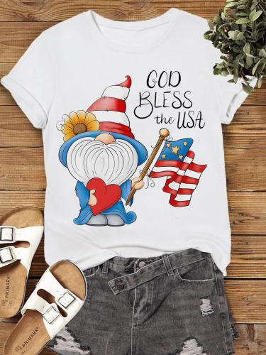God Bless The USA Gnome Print Round-neck T-shirt