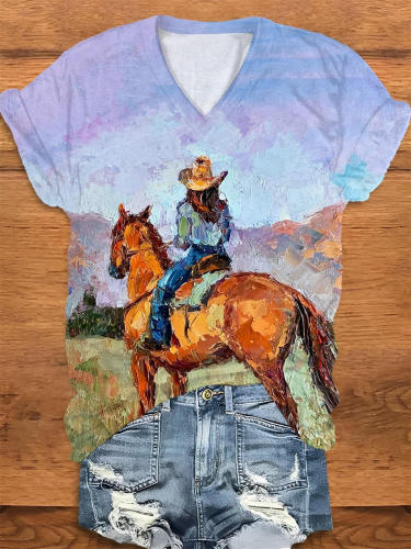 Cowgirl Painting Western Print V-Neck T-Shirt