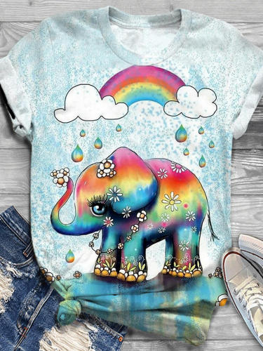 Elephant Rainbow Flower Crew Neck T-shirt