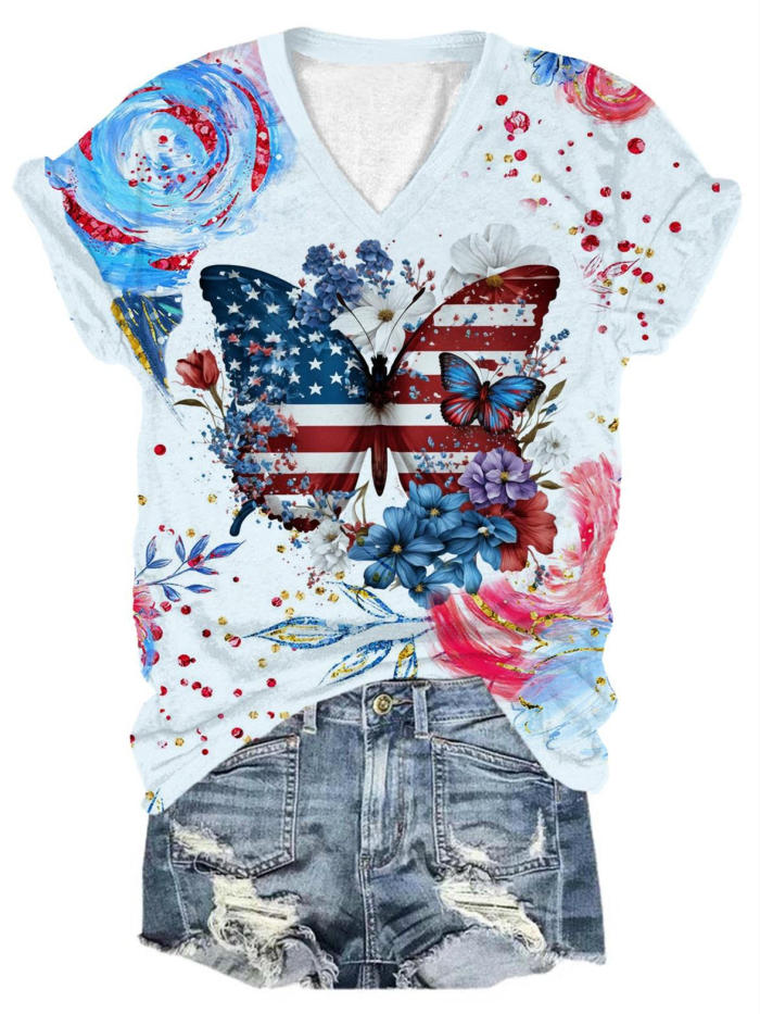 Independence Day Floral Butterfly Print V-Neck T-Shirt
