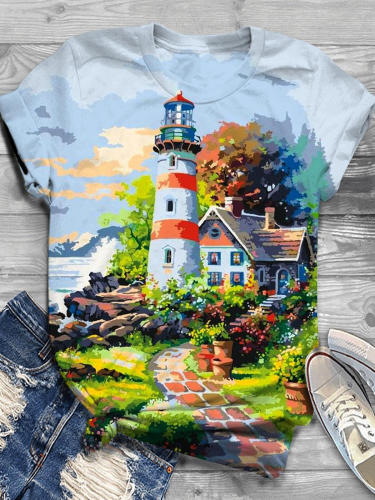 Holiday Lighthouse House Garden Beach Flower Seaside Crew Neck T-Shirt