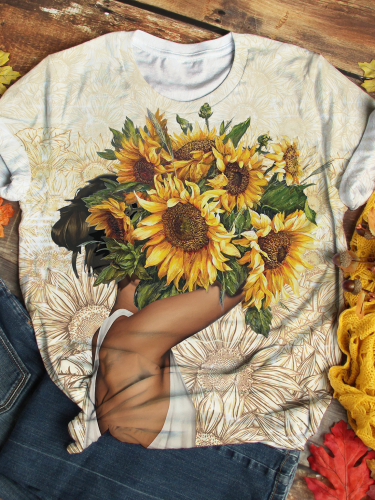 Sunflower Girl Print Round Neck Short Sleeve T-Shirt