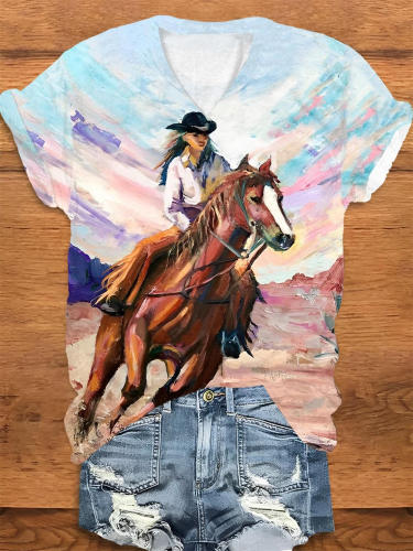 Western Cowgirl Painting Print V-Neck T-Shirt