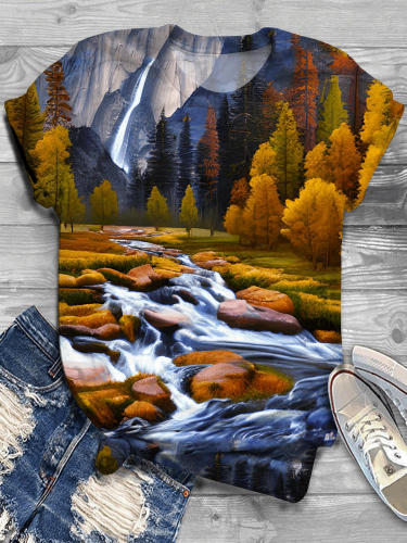 Fall Forest Rriver Mountain Crew Neck T-Shirt