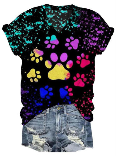 Colorful Dog Paw Print V Neck T-Shirt