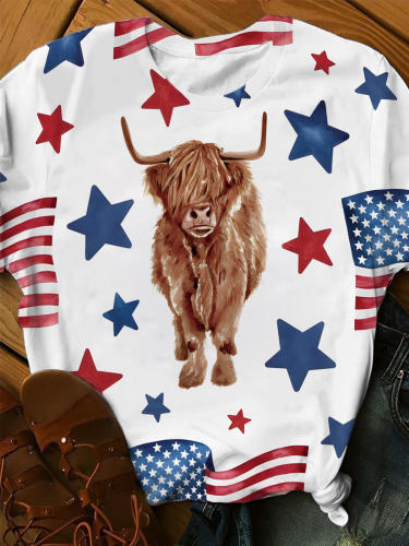American Flag Cow Crew Neck T-shirt