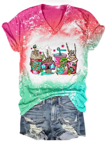Women's Summer Skull Coffee Cup Tie Dye Print T-Shirt