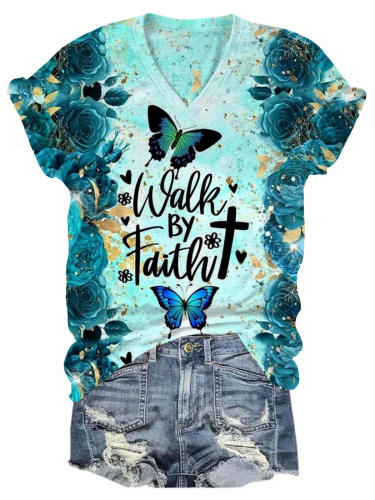 Walk By Faith Butterfly Flower V-Neck T-Shirt