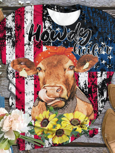 American Flag Sunflower Cow Crew Neck T-Shirt