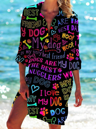 Bright Rainbow Doodle I Love My Dog Print Beach Shirt Dress