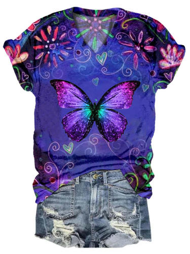 Women's V Neck Floral Butterfly Print T-Shirt